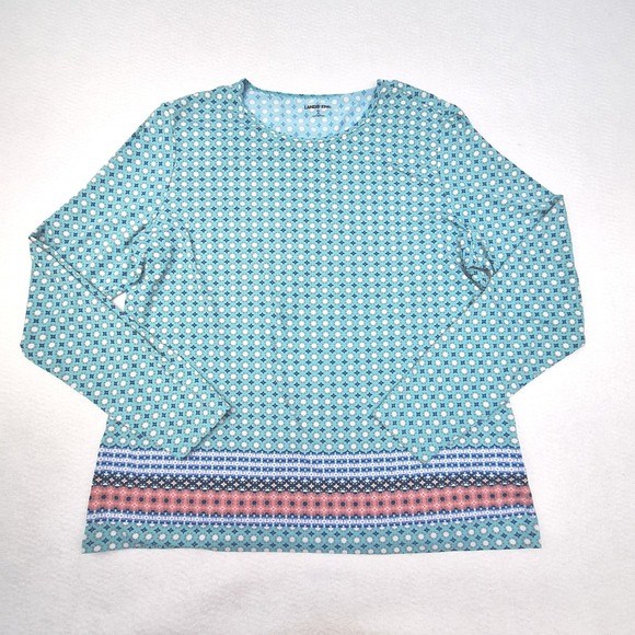 Lands' End Tops - Lands End Top Womens XL Teal Blue Geometric Medallion Long Sleeve Crewneck Shirt